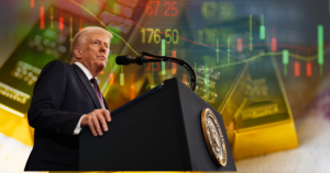 Donald Trump ved talerstol med børsgrafer og gullbarrer i bakgrunnen, som illustrerer hans påvirkning på finansmarkedene og gullprisen.
