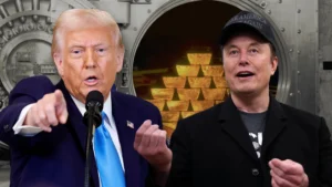 Satirisk illustrasjon av Donald Trump og Elon Musk foran Fort Knox, brukt for å symbolisere kritikk og skepsis rundt USAs gullreserver