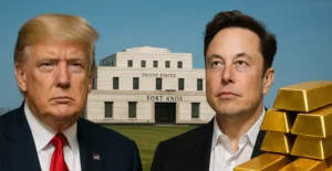 Fiktivt bilde av Donald Trump og Elon Musk foran Fort Knox-bygningen i USA, med en stabel gullbarrer i forgrunnen. Bildet antyder temaer knyttet til gullreserver, økonomi eller finanspolitikk